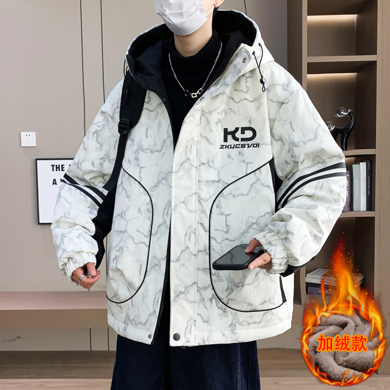 冬季新款青少年连帽外套加绒加厚保暖学生帅气百搭休闲夹克男