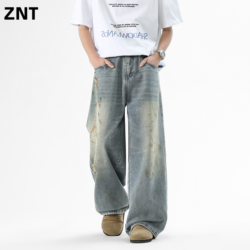 ZNT高街新款美式潮牌泼墨脏染牛仔裤宽松阔版水洗休闲长裤男女