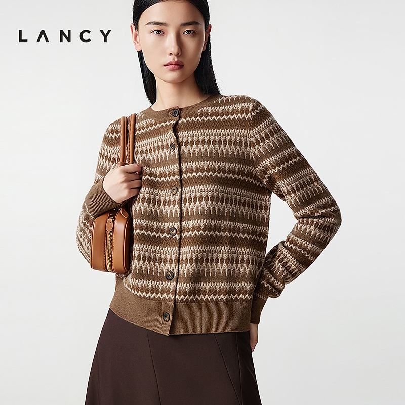 【纯羊毛】LANCY/朗姿2025冬新复古费尔岛针织开衫女圆领提花上衣