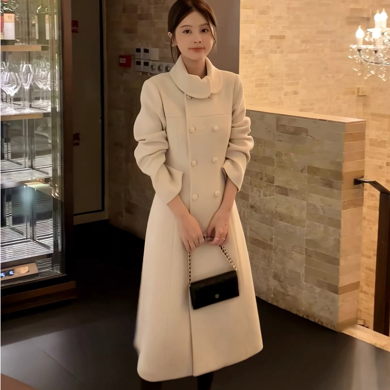 【25155】赫本风掐腰显瘦款大衣女中长款毛呢外套