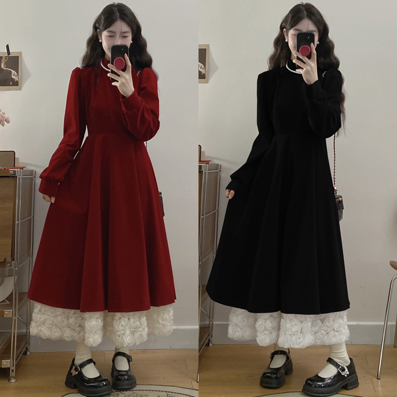 大码胖mm秋冬新款韩版时尚女装丝绒拼接蕾丝显瘦长短款连衣裙女