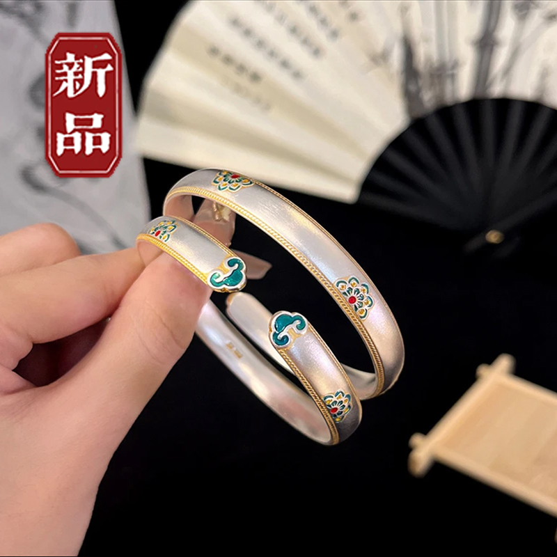 足银手镯  999.9【专柜版】 宝相花手镯气质描金珐琅百搭女（带发票）