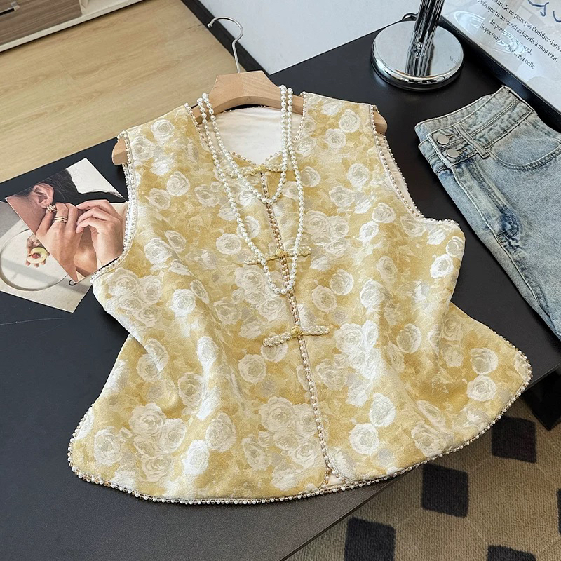 新中式秋季款绒花 丝缎马甲女马夹国风宽松网红上衣