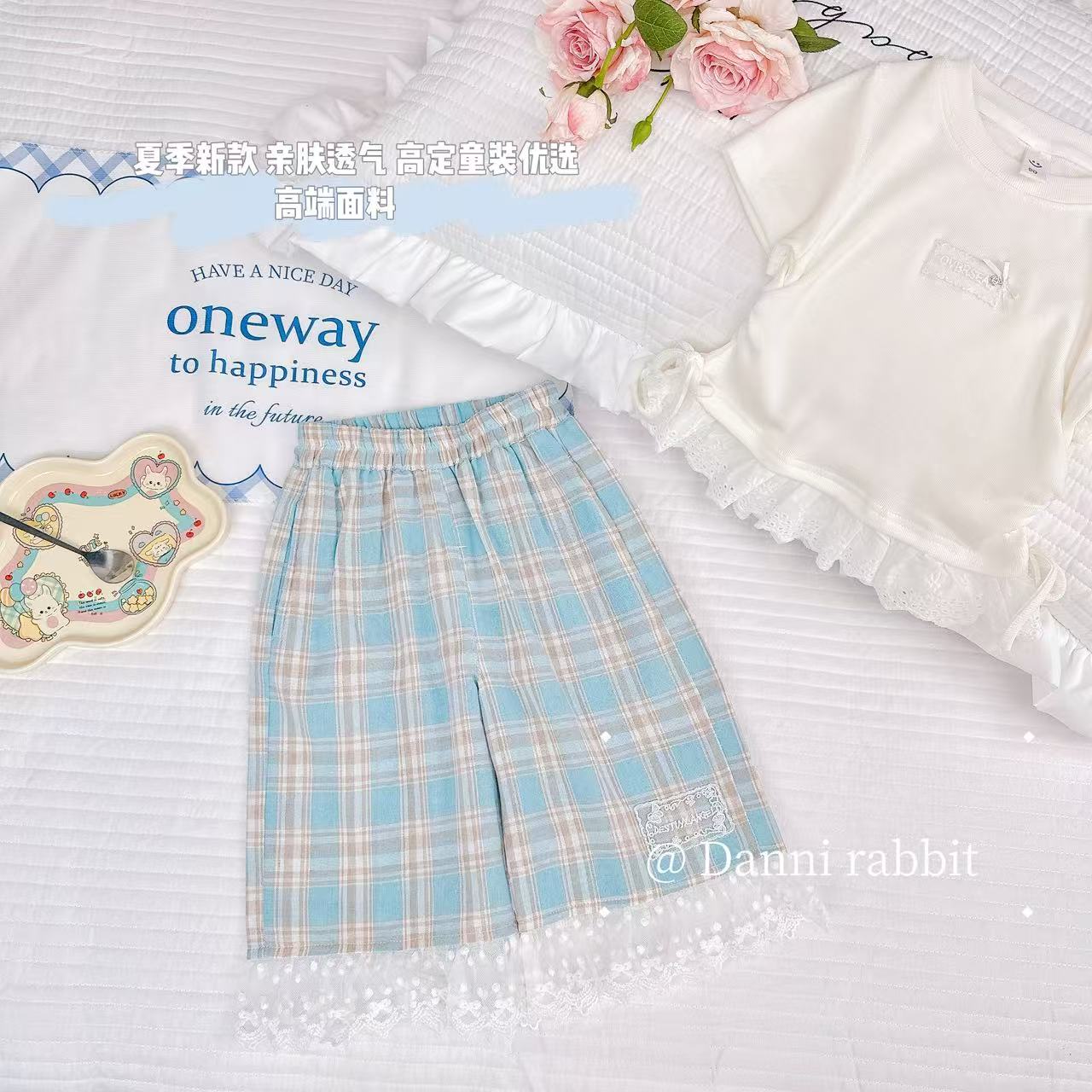 【Dannirabbit】*格子百搭+甜美花边*女童汉服九分裤子 X-7191