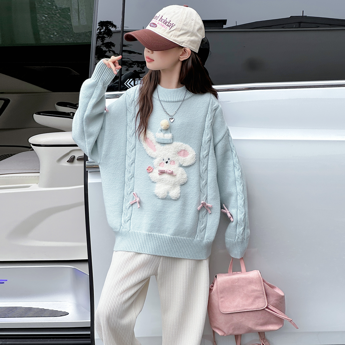 女童加绒毛衣冬季2025年套装秋冬装女童立体奶油蓝兔子毛衣加绒裤