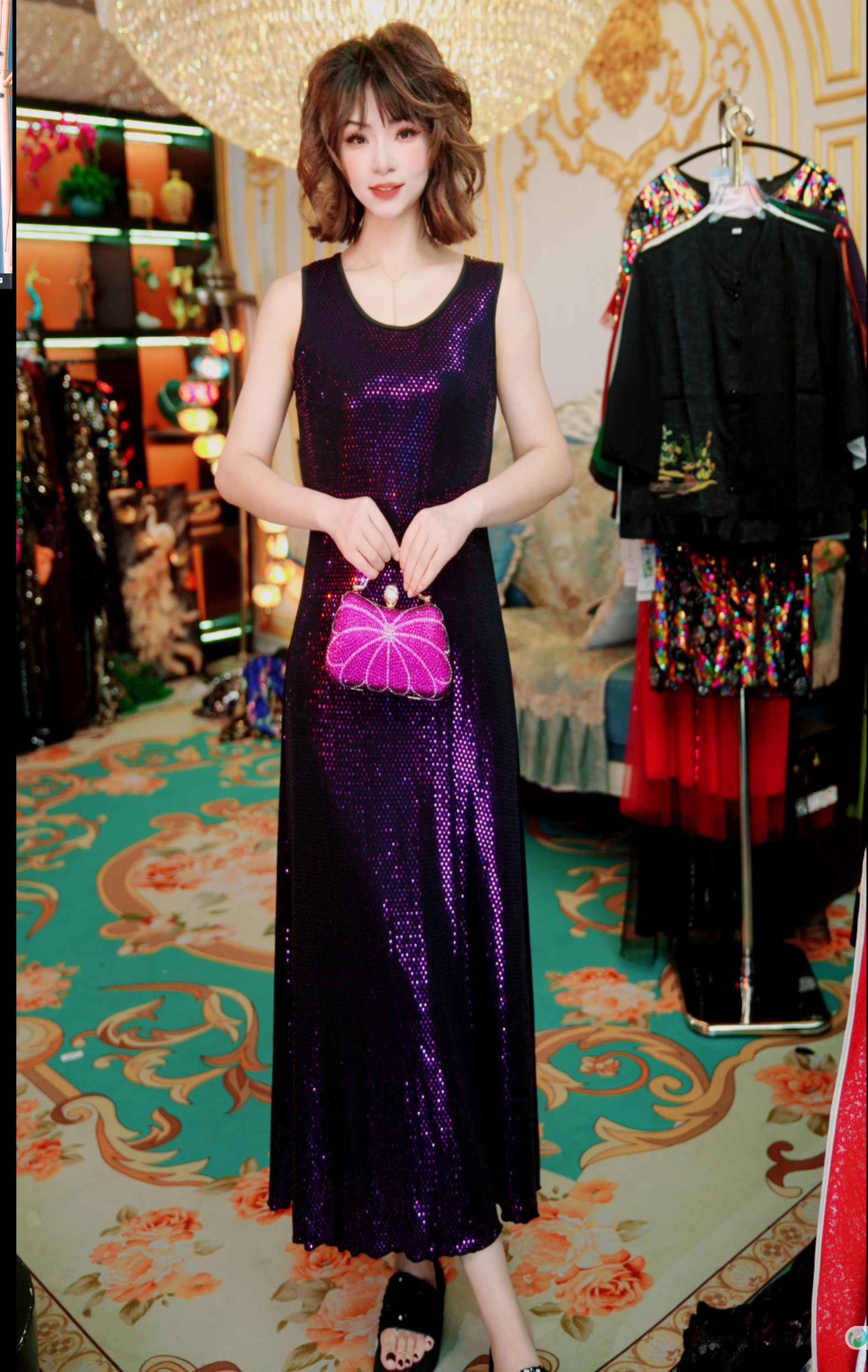 0347紫色宽肩带吊带背心裙晚礼服裙吊带宽松大码连衣裙中长款女1