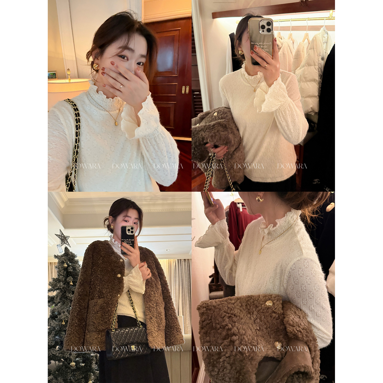 现货大婉酱微胖定制【暖雾蕾丝】法式高领木耳边洋气网纱上衣 0540D