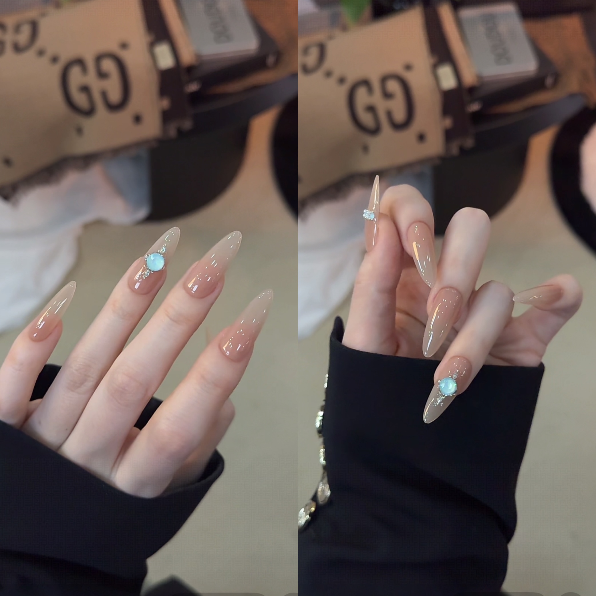 【摩卡baby蓝】双色渐变裸底色无名指造型钻氛围感纯手工穿戴甲