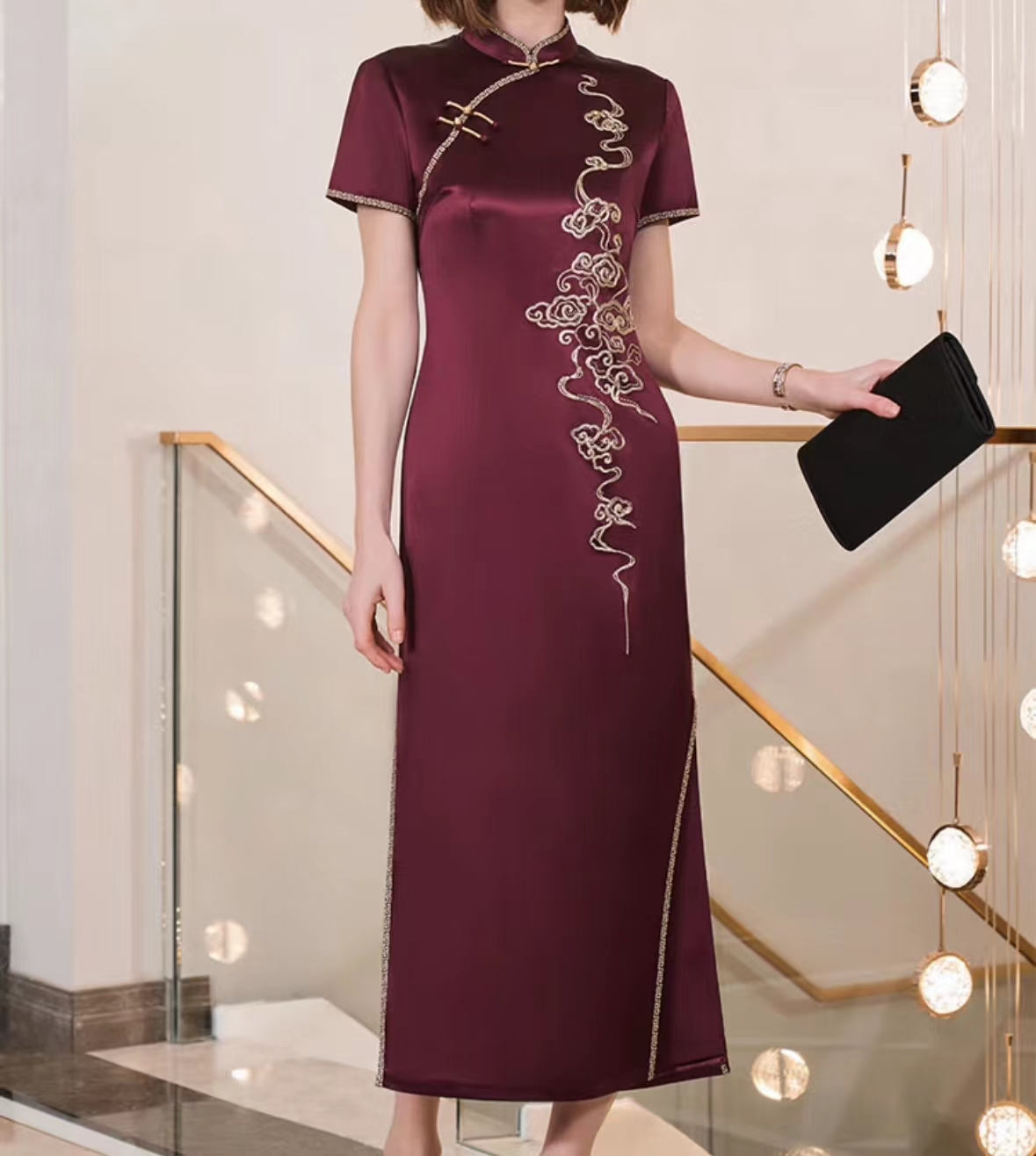 新款醋酸偏襟喜婆婆旗袍中式气质时尚修身婚礼妈妈礼服宴会装