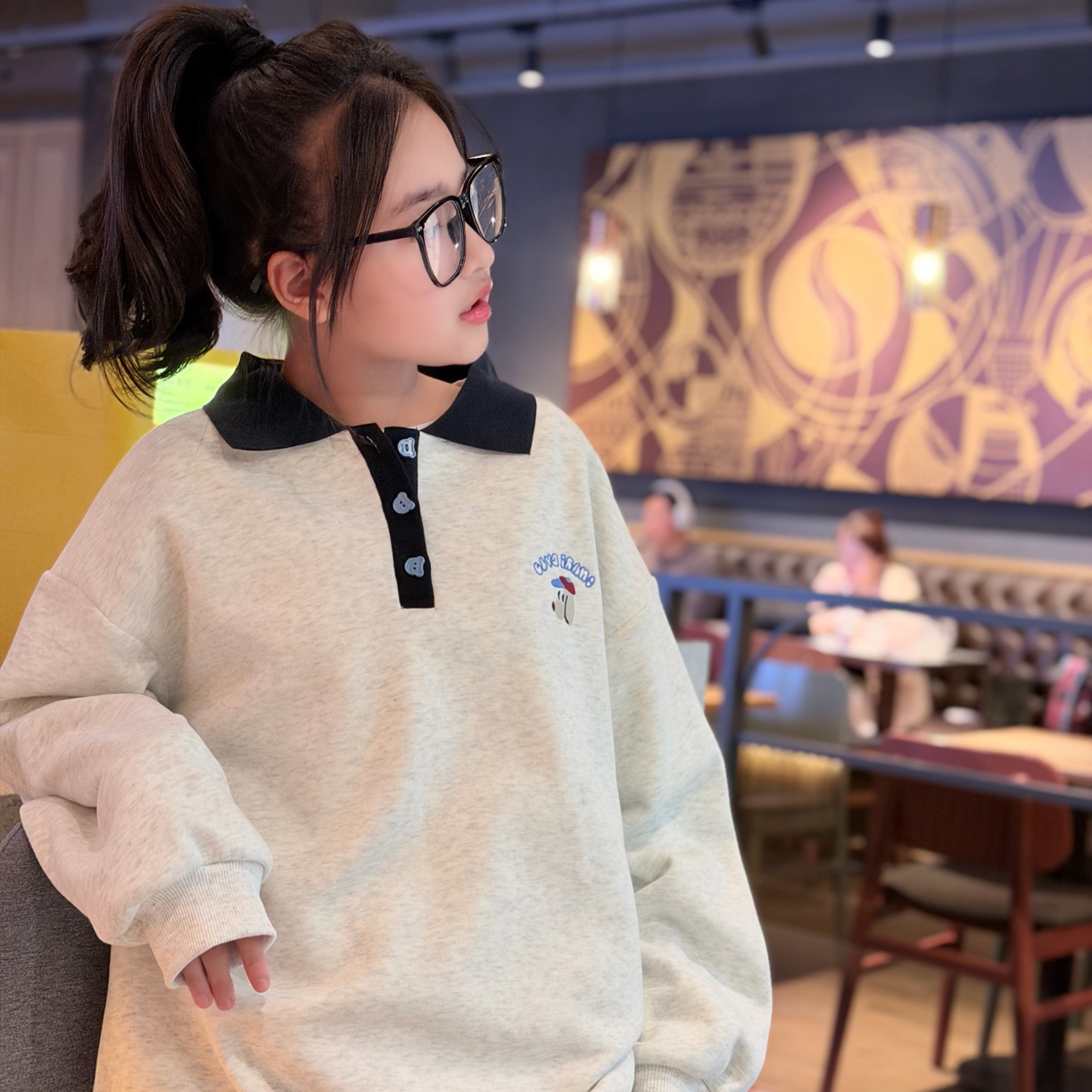 小圈家-套头女童休闲风加厚一体绒卡通动漫卫衣秋冬休闲polo衫