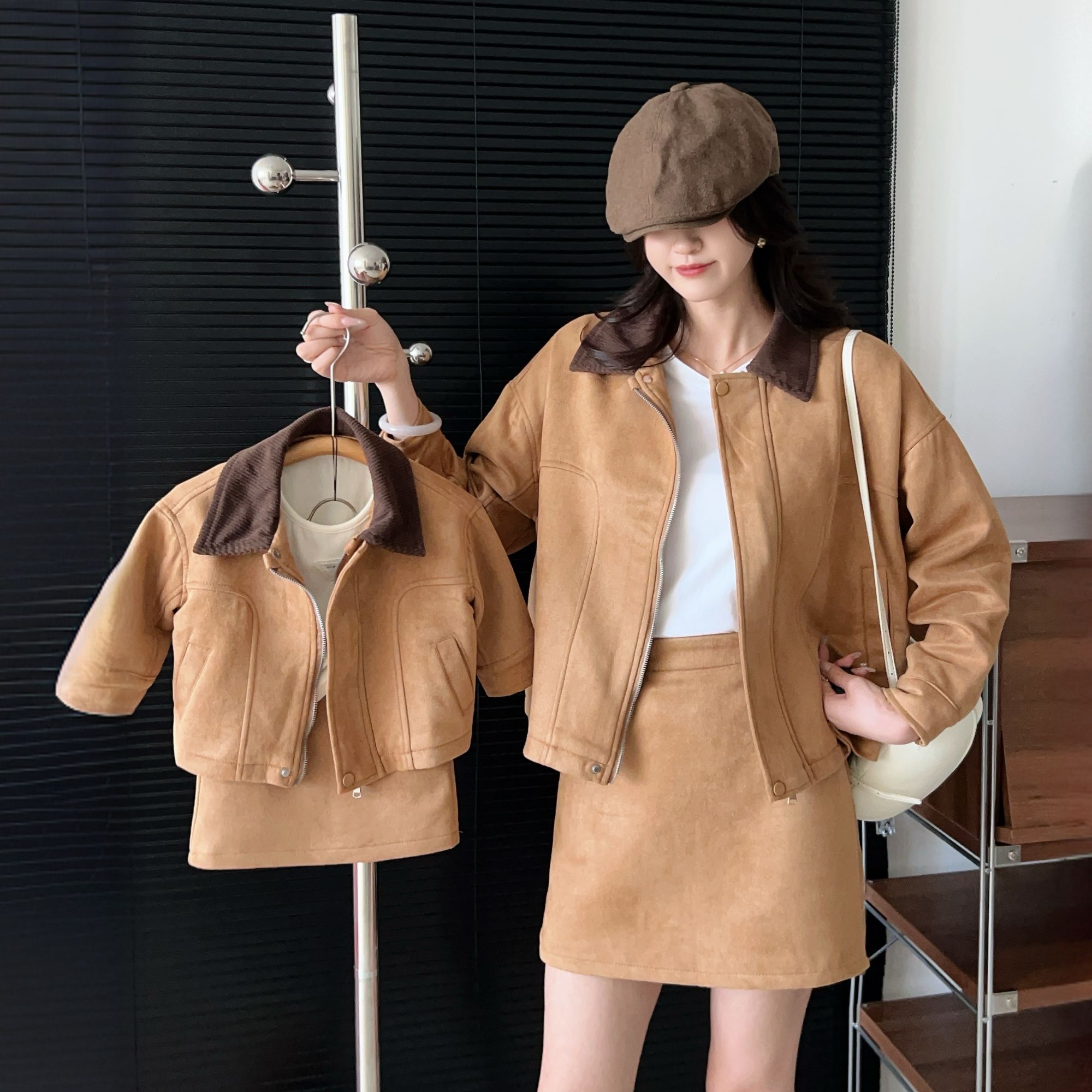 亲子款女童2025秋冬新款外套复古麂皮绒夹克套装短款上衣洋气时尚