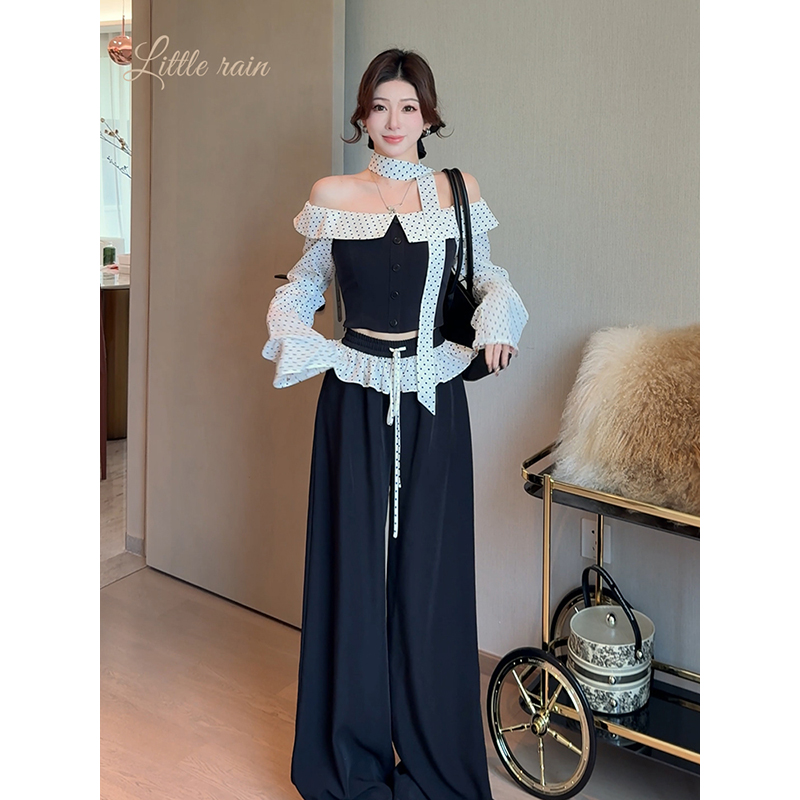 小雨姐姐【泰勒套装】设计感拼色拼接上衣 休闲长裤套装女秋季新款