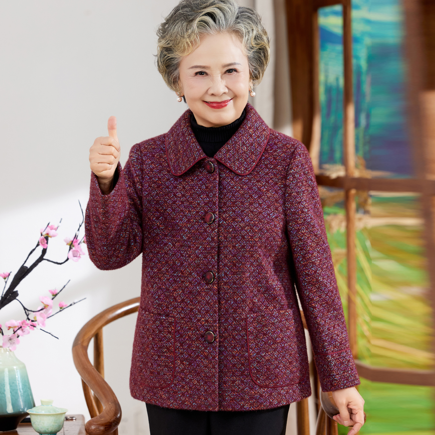 老年人妈妈秋冬加厚呢子上衣婆婆奶奶冬季外套翻领宽松老太太衣服