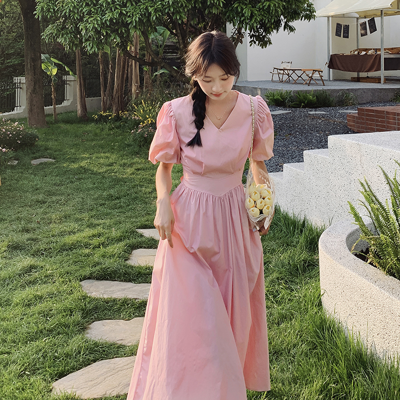 短袖春秋法式无袖套头高腰夏季连衣裙小众泡泡袖温柔风初恋小个子