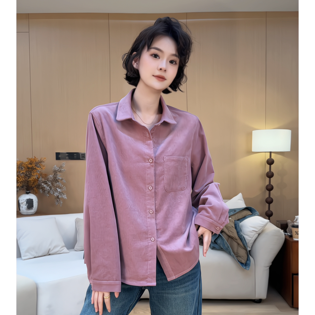 欧尼私服2025秋冬新款休闲百搭灯芯绒绒面潮流纯色衬衫2512C9124
