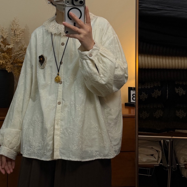 see U自制 日系花边领加绒蕾丝衬衫 文艺宽松保暖百搭长袖上衣