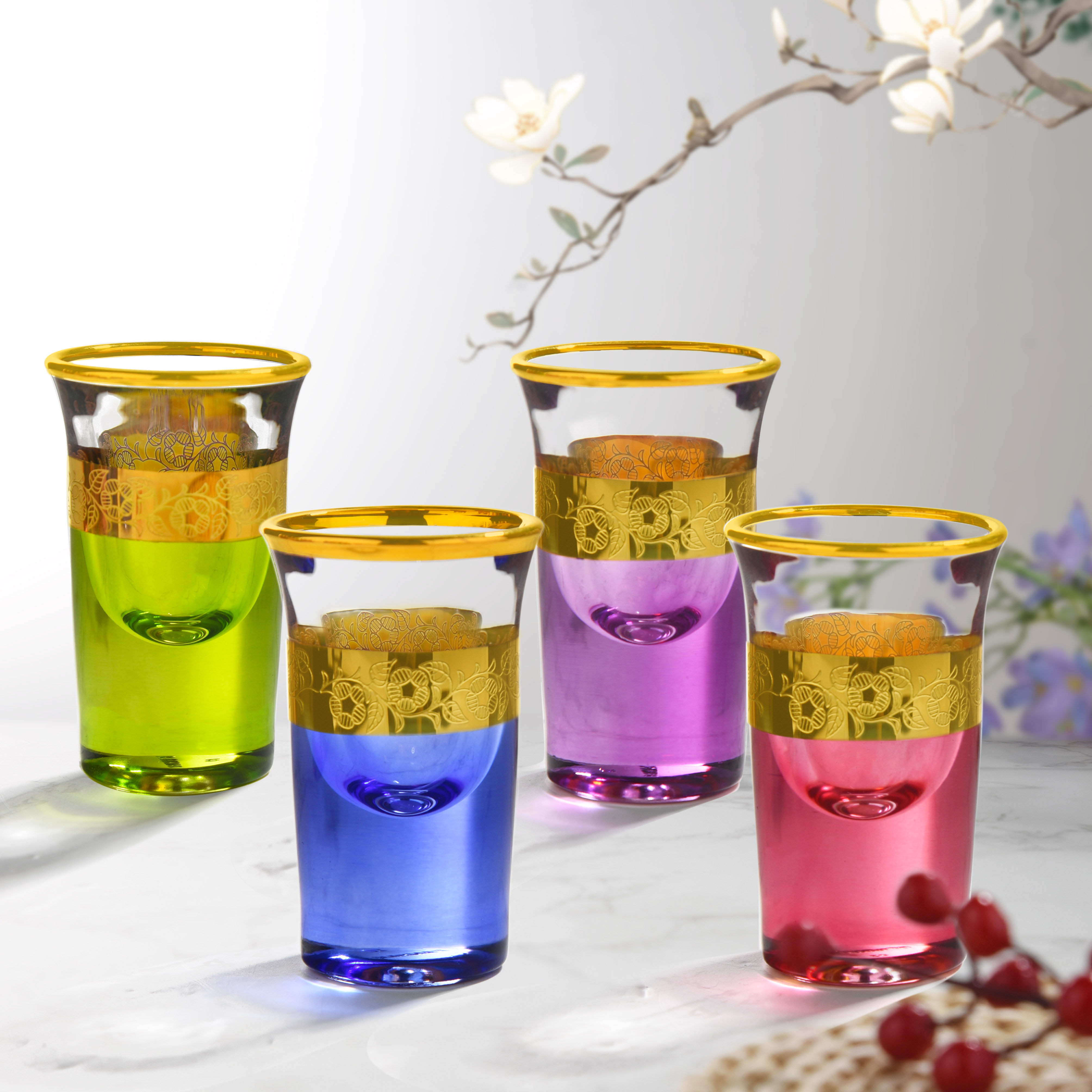 【金像】（红+蓝+紫+绿）白酒杯 真金菲林+琉璃博物馆典藏级别