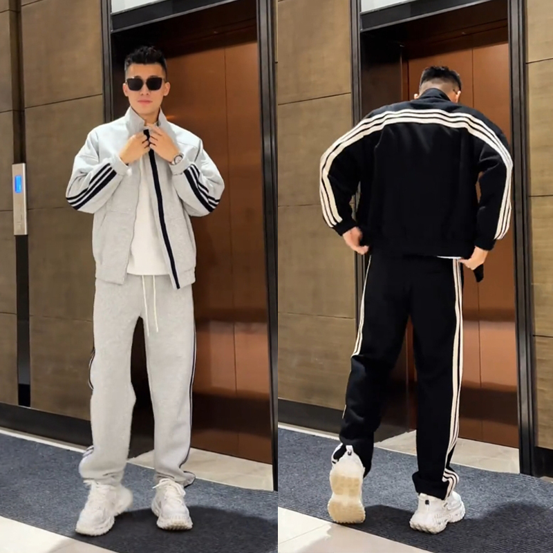 韩版潮流拼接立领外套运动裤两件套秋冬季情侣款百搭帅气休闲套装