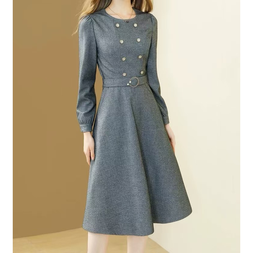 法式高端轻奢长袖连衣裙女春秋新款气质时尚百搭显瘦收腰中长裙子