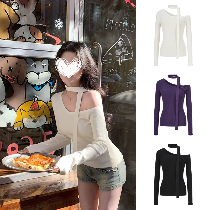 MosesQueen/魔西女王美式辣妹设计感挂脖一字肩收腰修身显瘦上衣