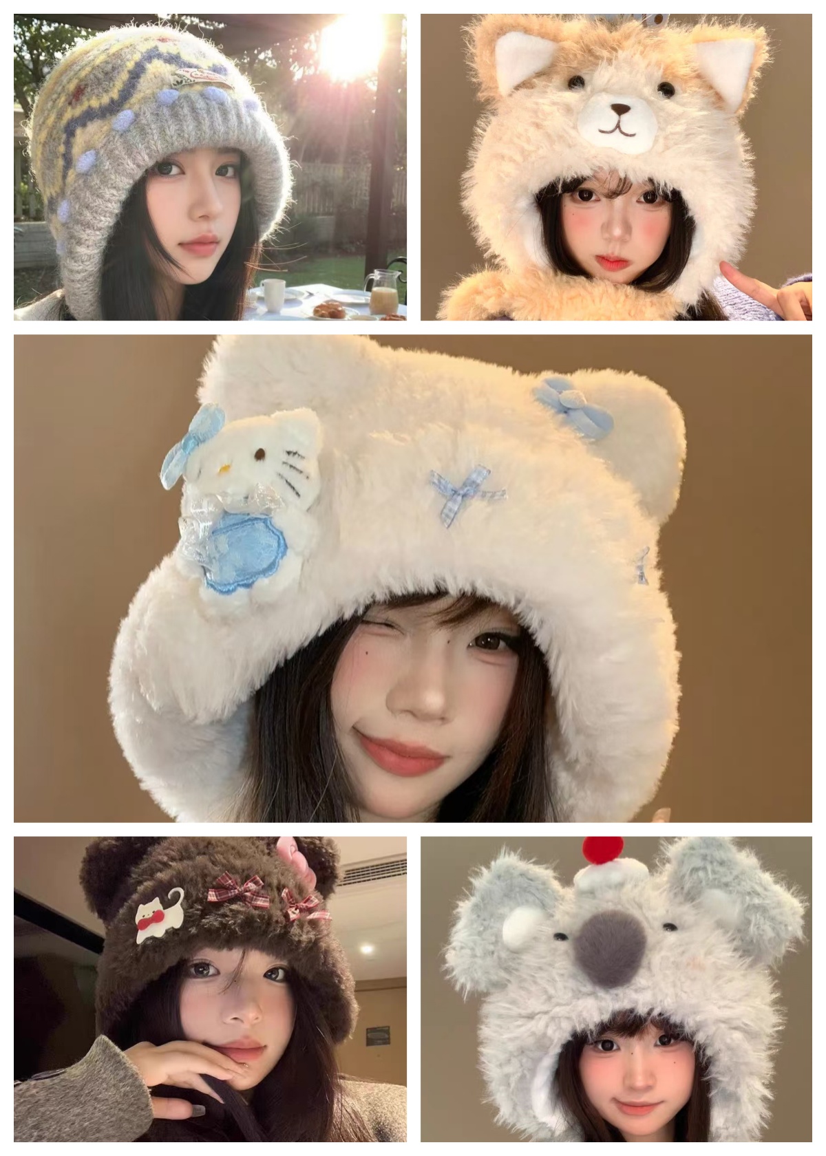 可爱冬季卡通元素骑车百搭雷锋帽无檐圆顶帽子ins保暖毛绒防寒帽