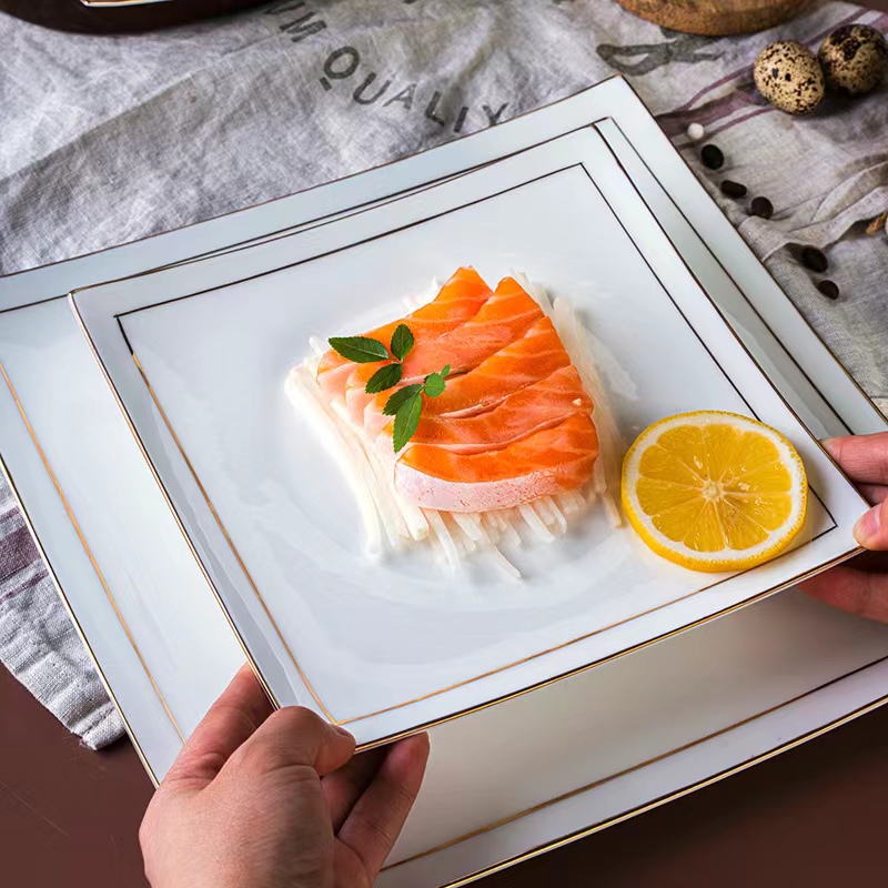 景德镇金边骨瓷8/10.5英寸方碟平盘酒店用展示盘牛排盘西餐盘浅盘