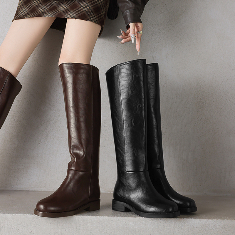 【36-43】3cm跟高时尚休闲风粗跟长筒靴女百搭显瘦圆头大码骑士靴