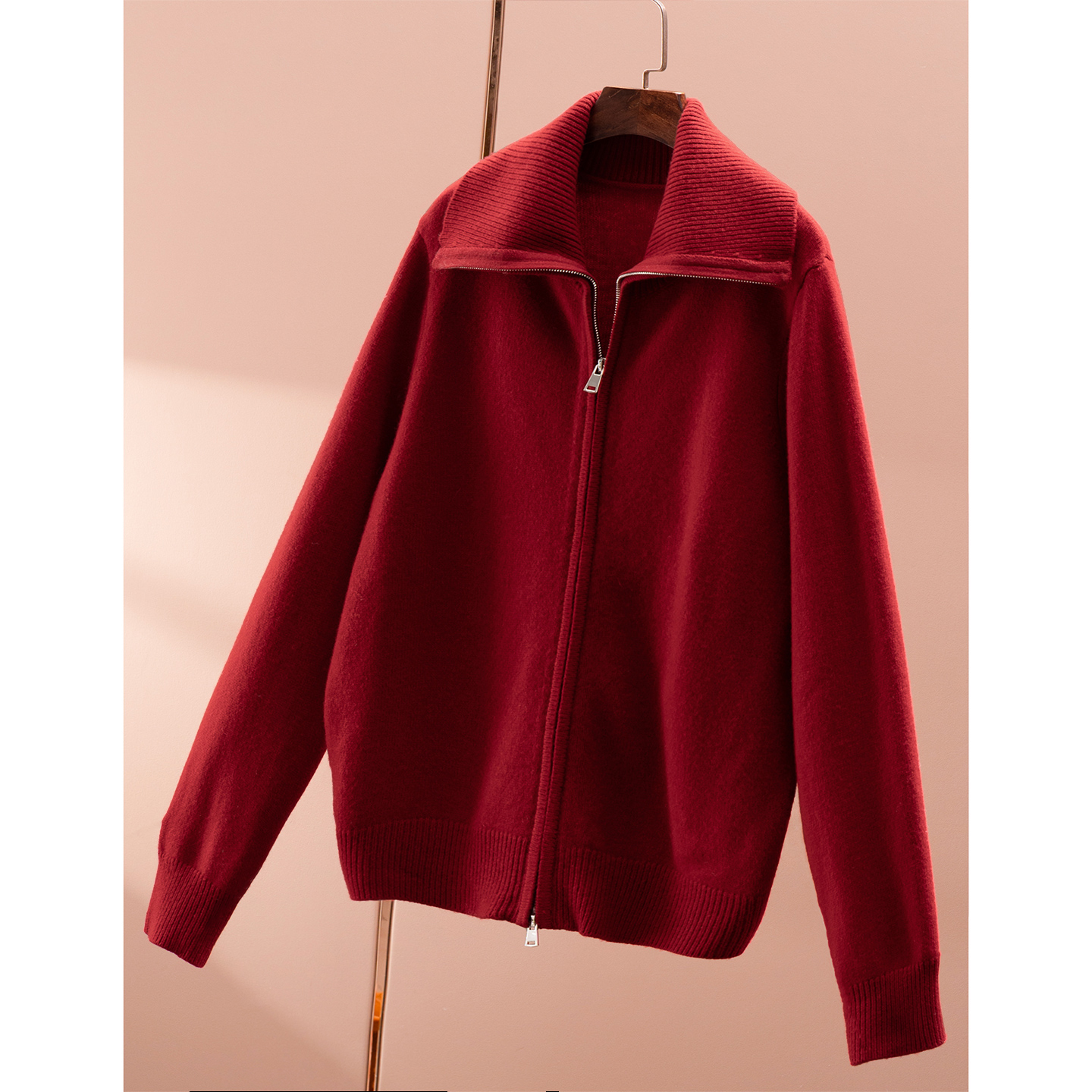 春天家 很正的红！法柜100羊毛双头拉链翻领毛衣开衫女82E0