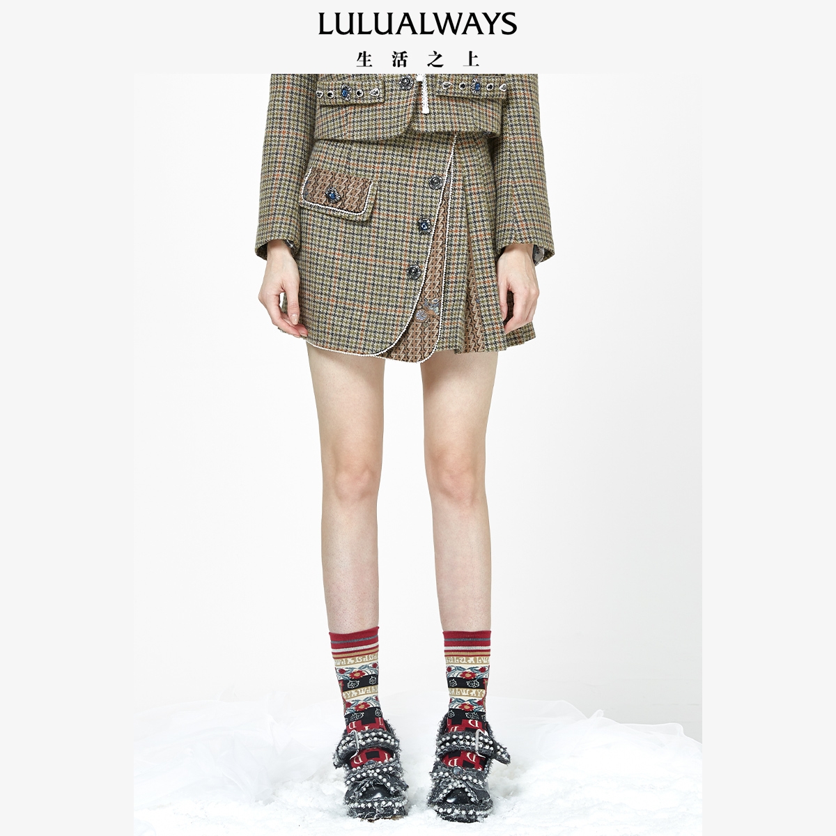 LULUALWAYS【商场同款】学院风千鸟格百褶半身裙高腰裙子