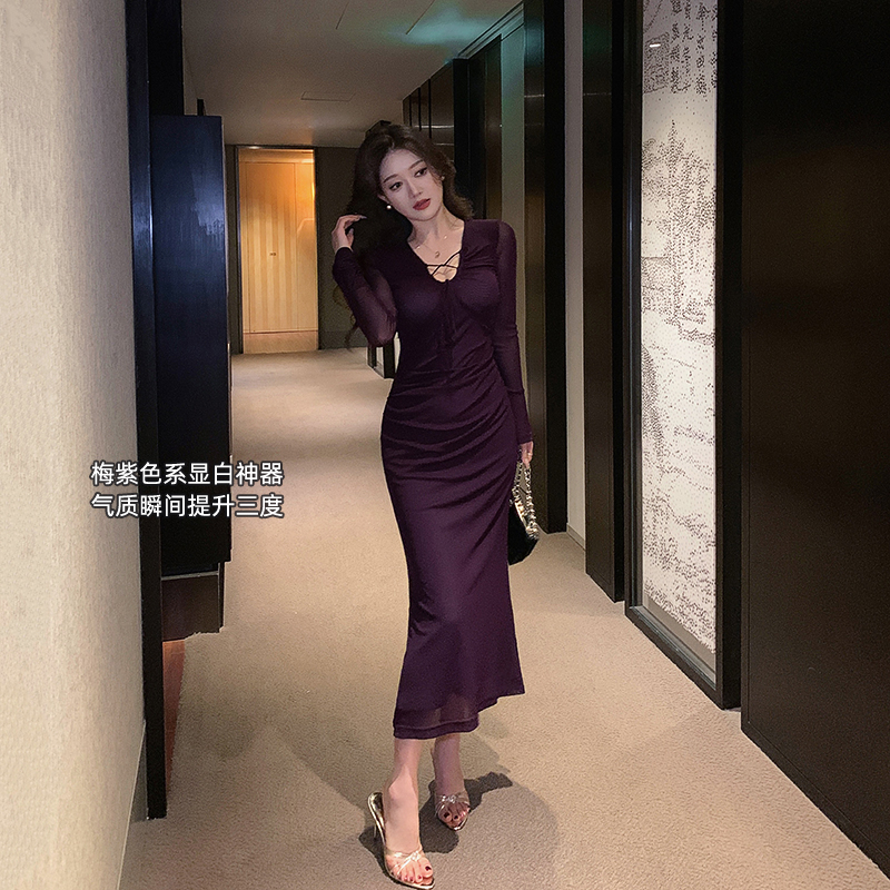 林关关【首尔恋人】 纯欲韵味紫色网纱连衣长裙御姐风气质包臀裙子