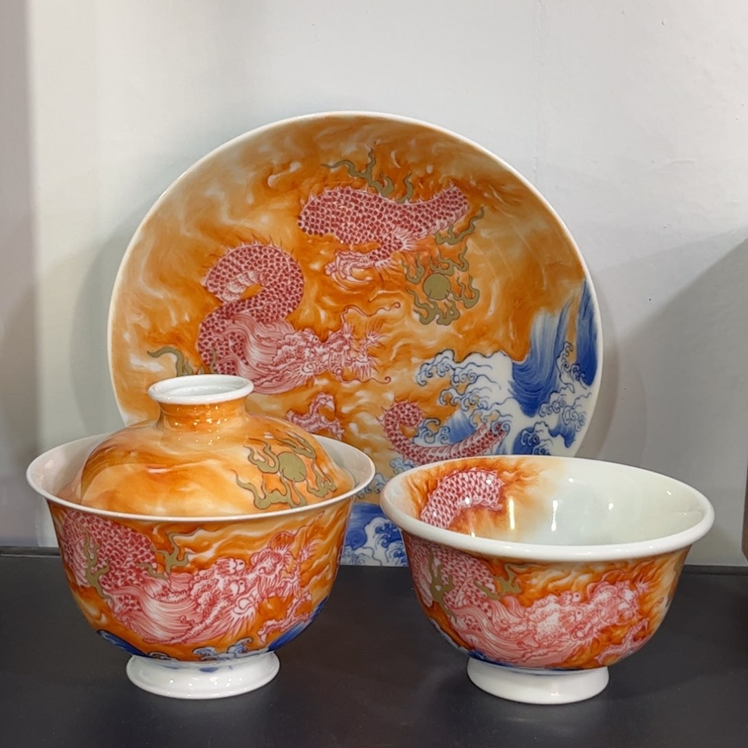 青花矾红错金银苍龙出海三件套 可拆分