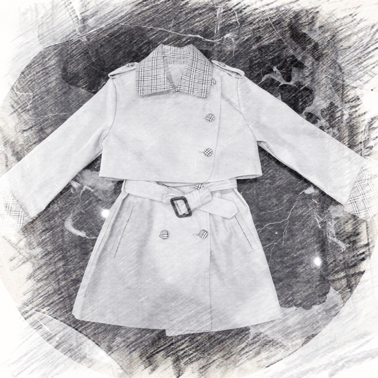 66132春秋新款女童轻奢抗皱格子风衣裙真两件套