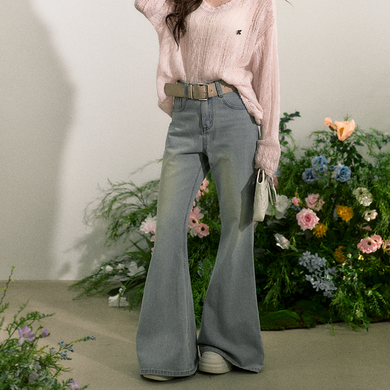 RECOIN R1C浅蓝色喇叭百搭高腰牛仔裤REC49K1