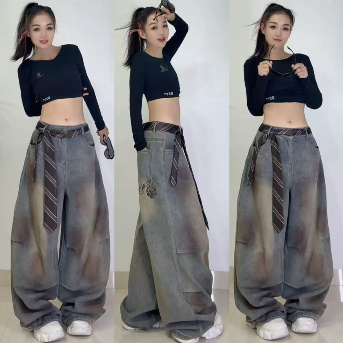 新丽-潮牌牛仔阔腿复古领带装饰做旧刺绣2598