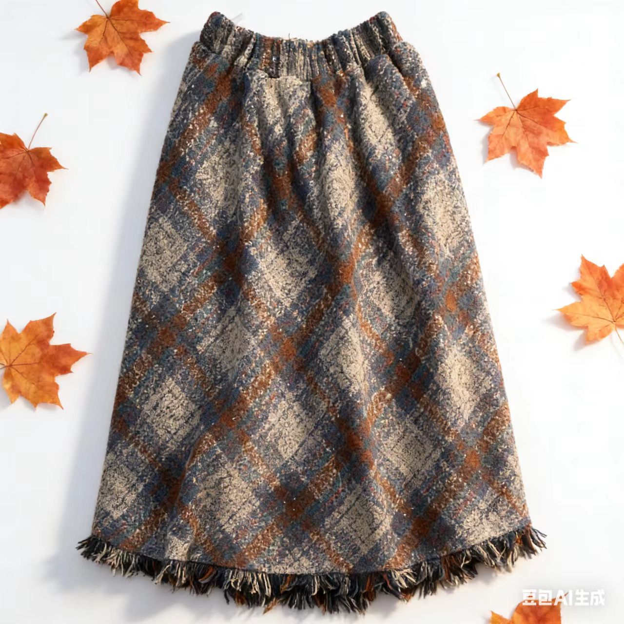 风华珏（ 灰咖闪银）加厚冬季双面格子呢料显瘦半身裙