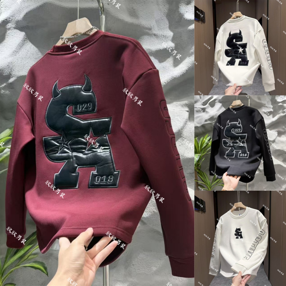 （加绒）潮牌贴布刺绣燕尾痞帅时尚男士休闲卫衣