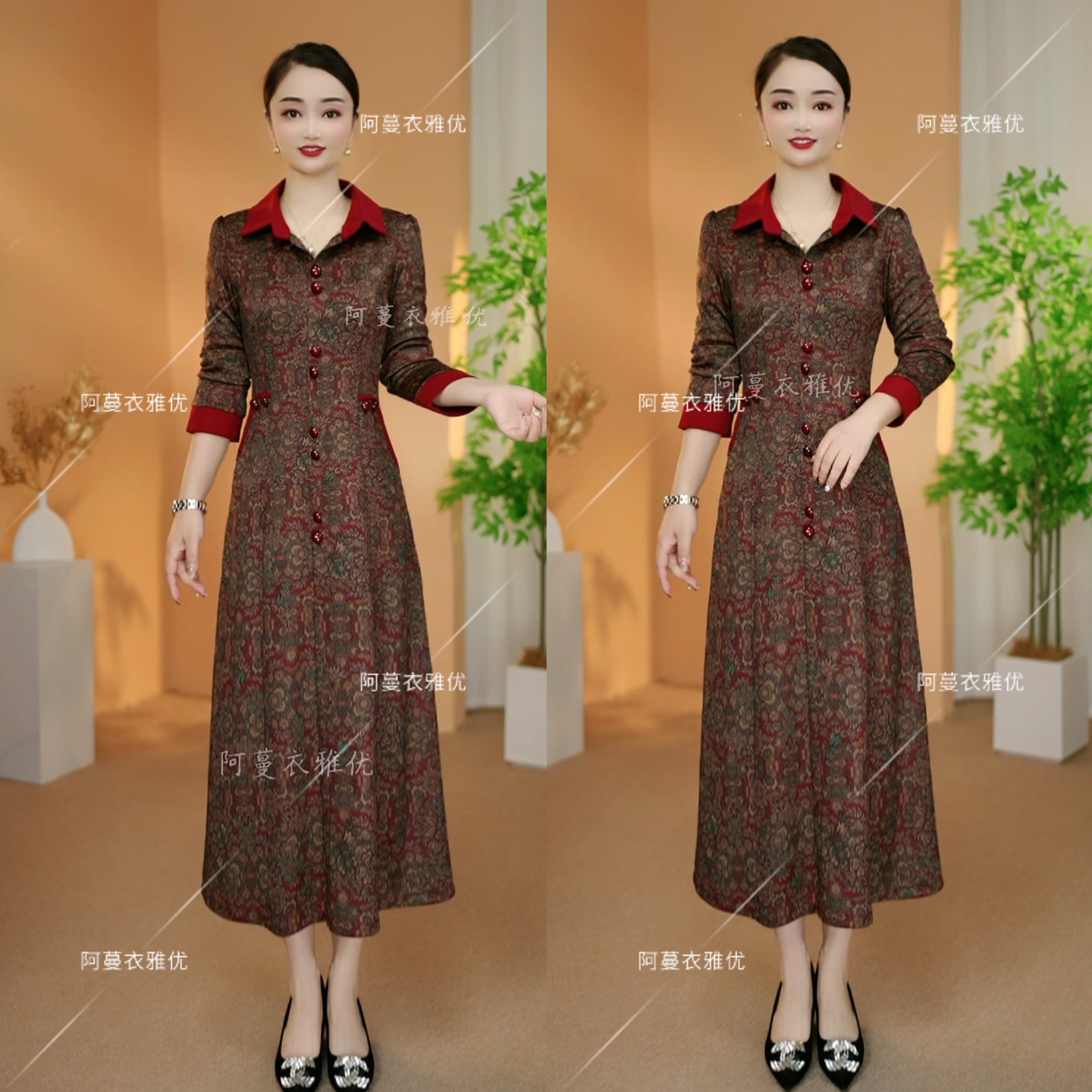 【衣雅严选】8120-2379#新款秋冬翻领罗马锦棉气质显瘦连衣裙