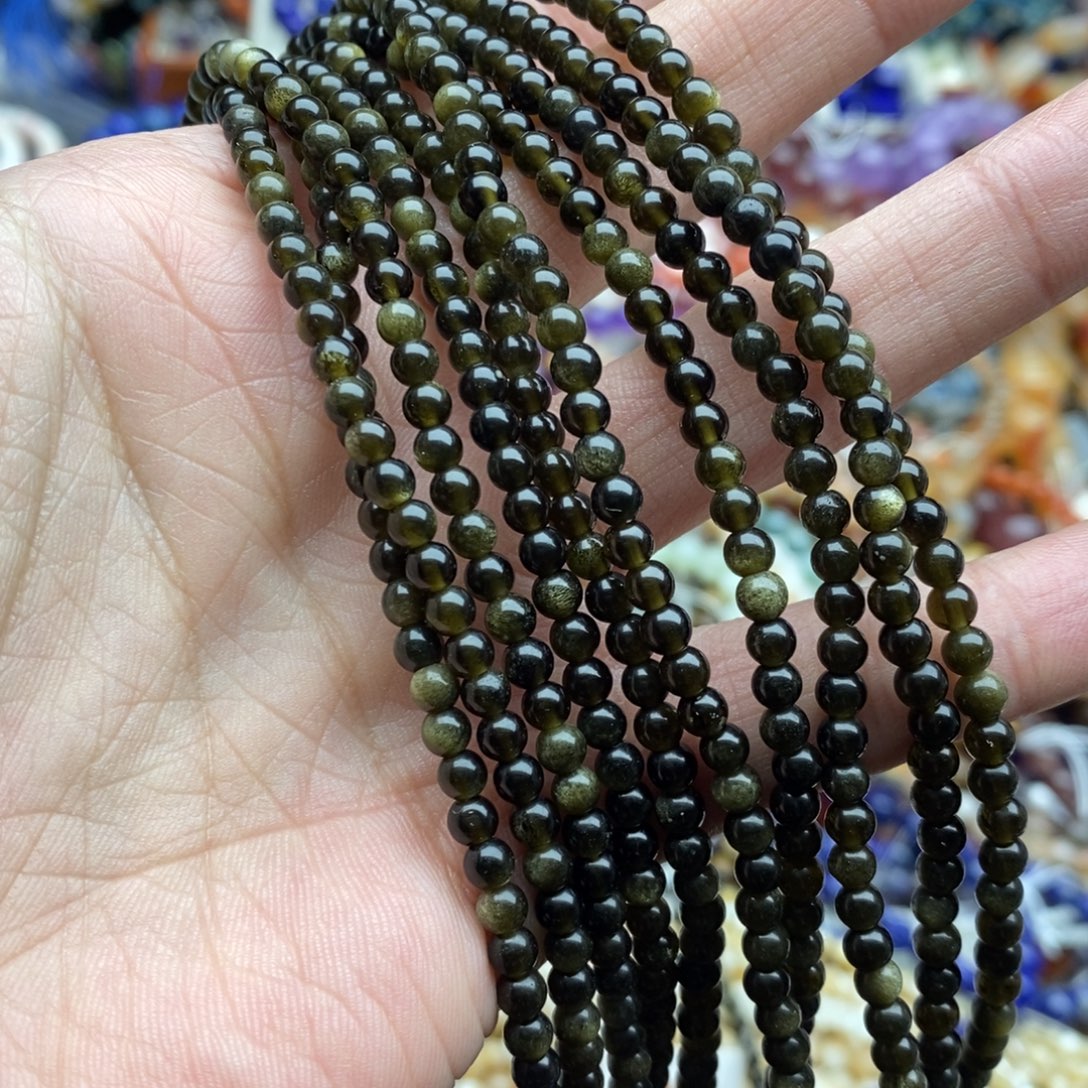 玛瑙/玉髓未镶嵌珠宝半成品一条纯天然4mm金曜石圆珠