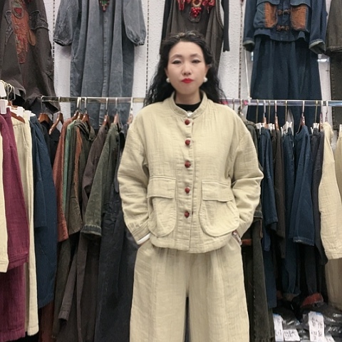 刺绣招财猫双层麻南瓜裤套装