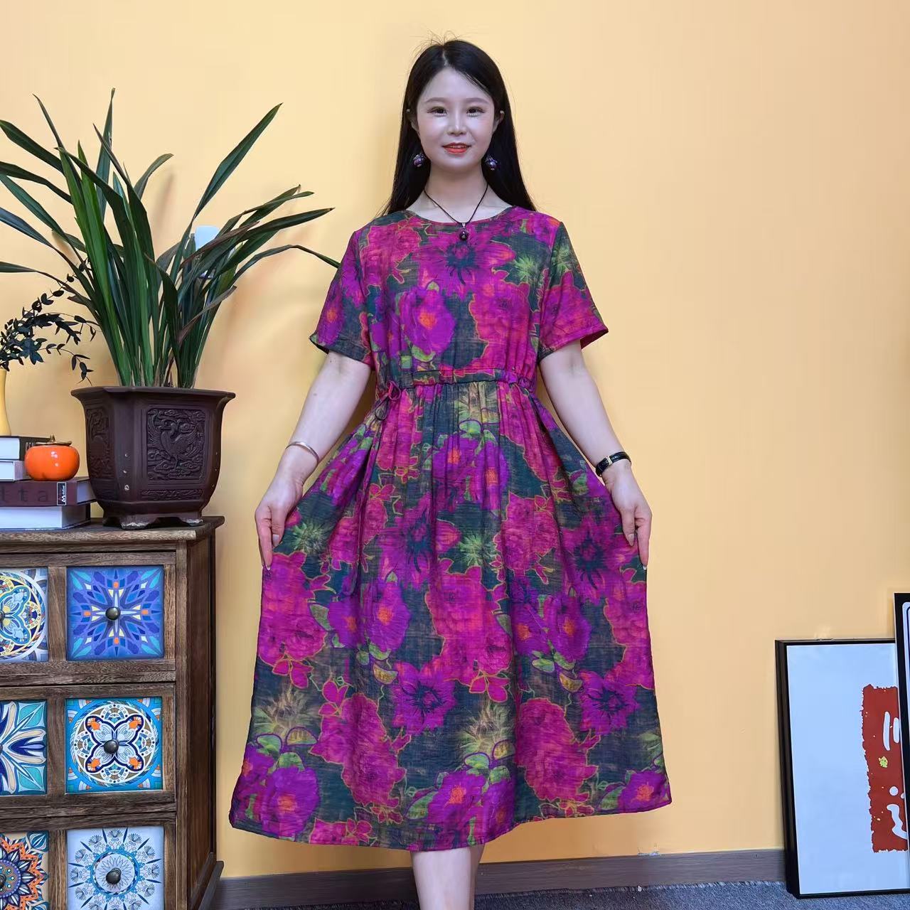 2025夏季新款中老年妈妈装连衣裙时尚百搭A字长款大摆裙子
