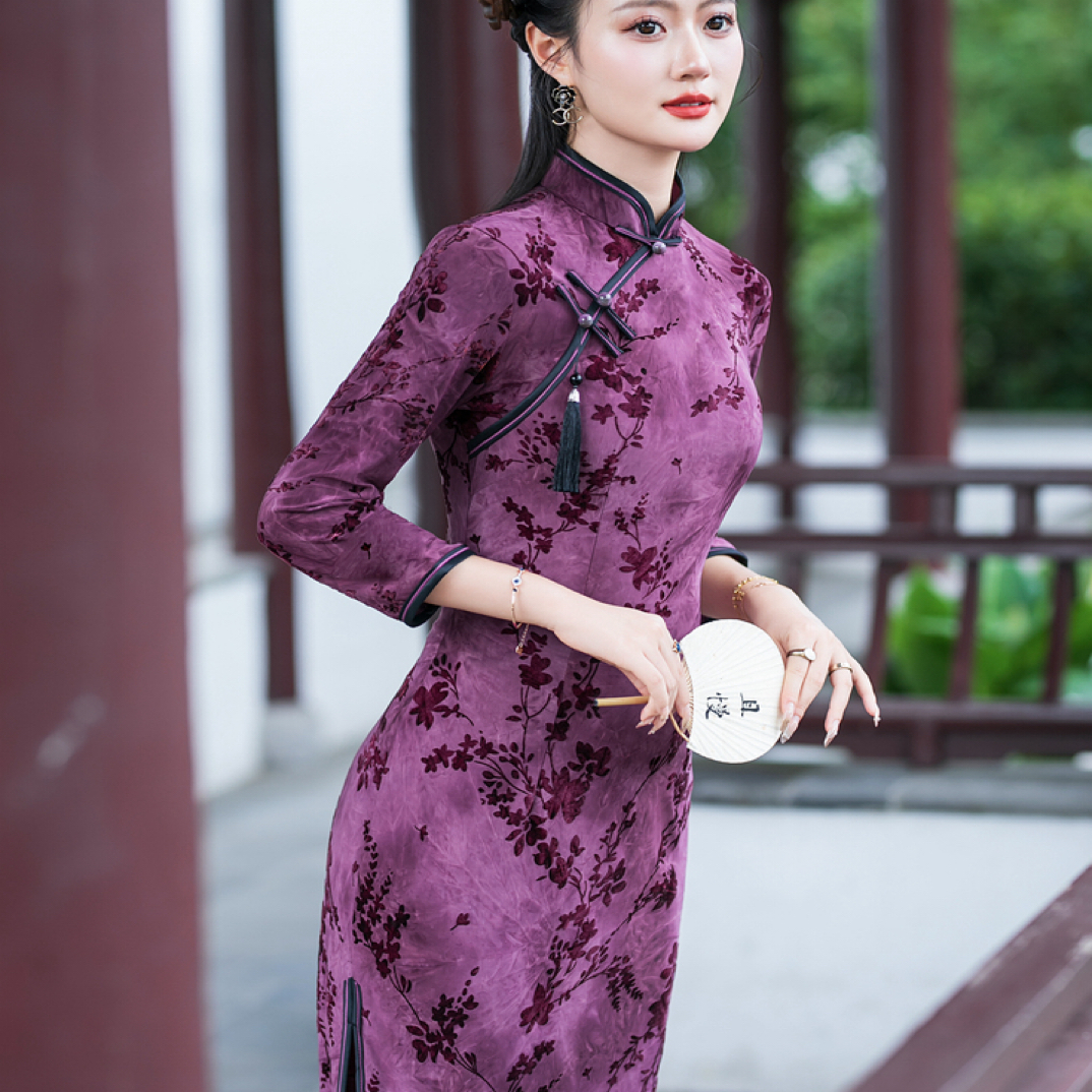 日常长袖开衩长旗袍新中式包臀裙植物花卉玫红色