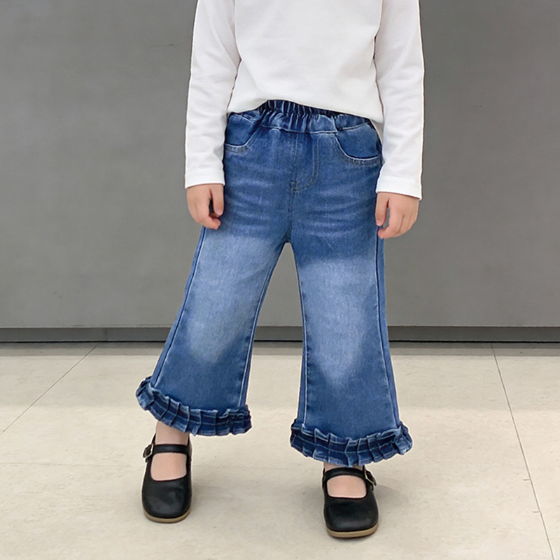 女童牛仔裤水洗软牛仔女宝宝直筒阔腿裤花边百搭宽松春秋季长裤子