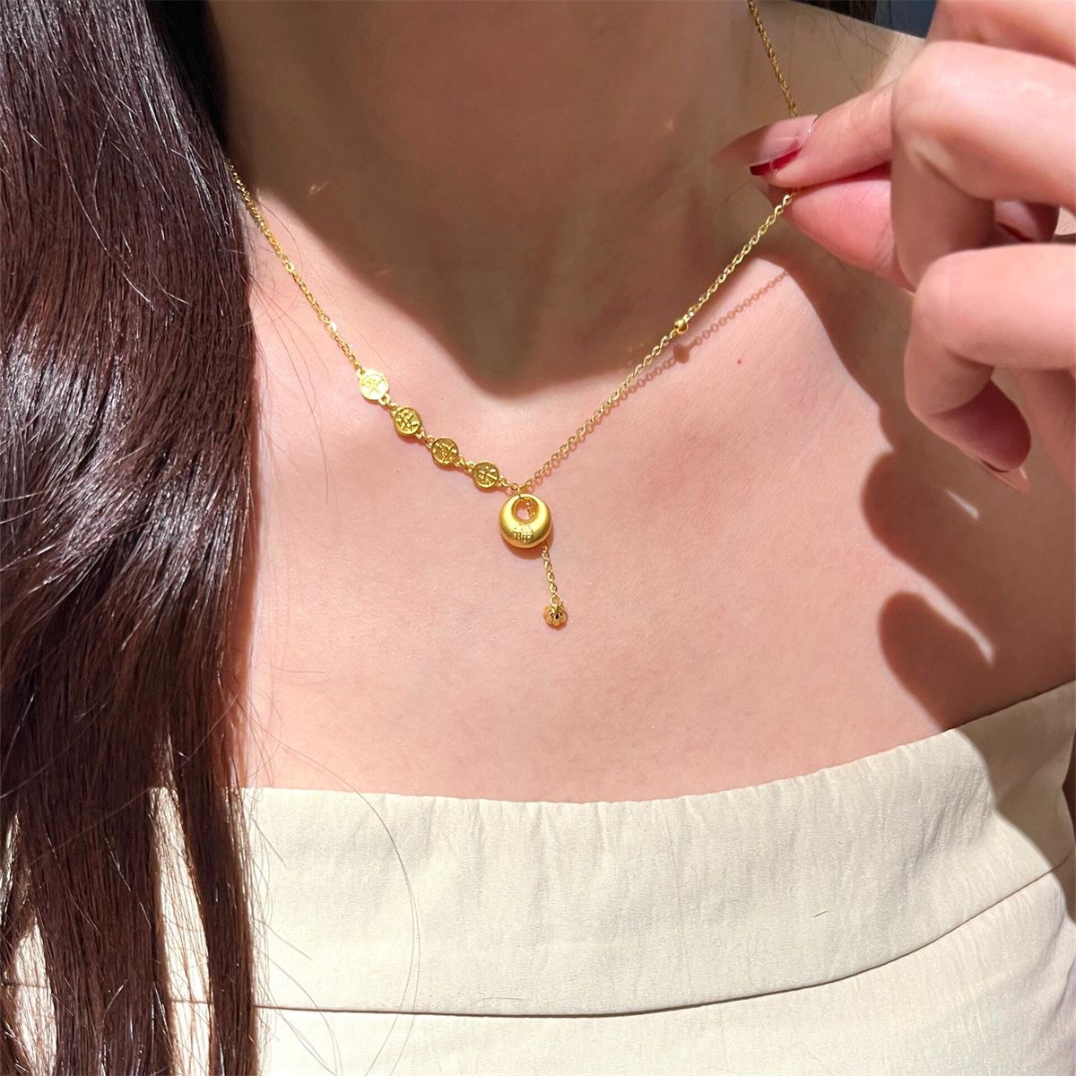 铜合金项链 新款中国风平安喜乐小胖坨项链精美百搭高级感锁骨链