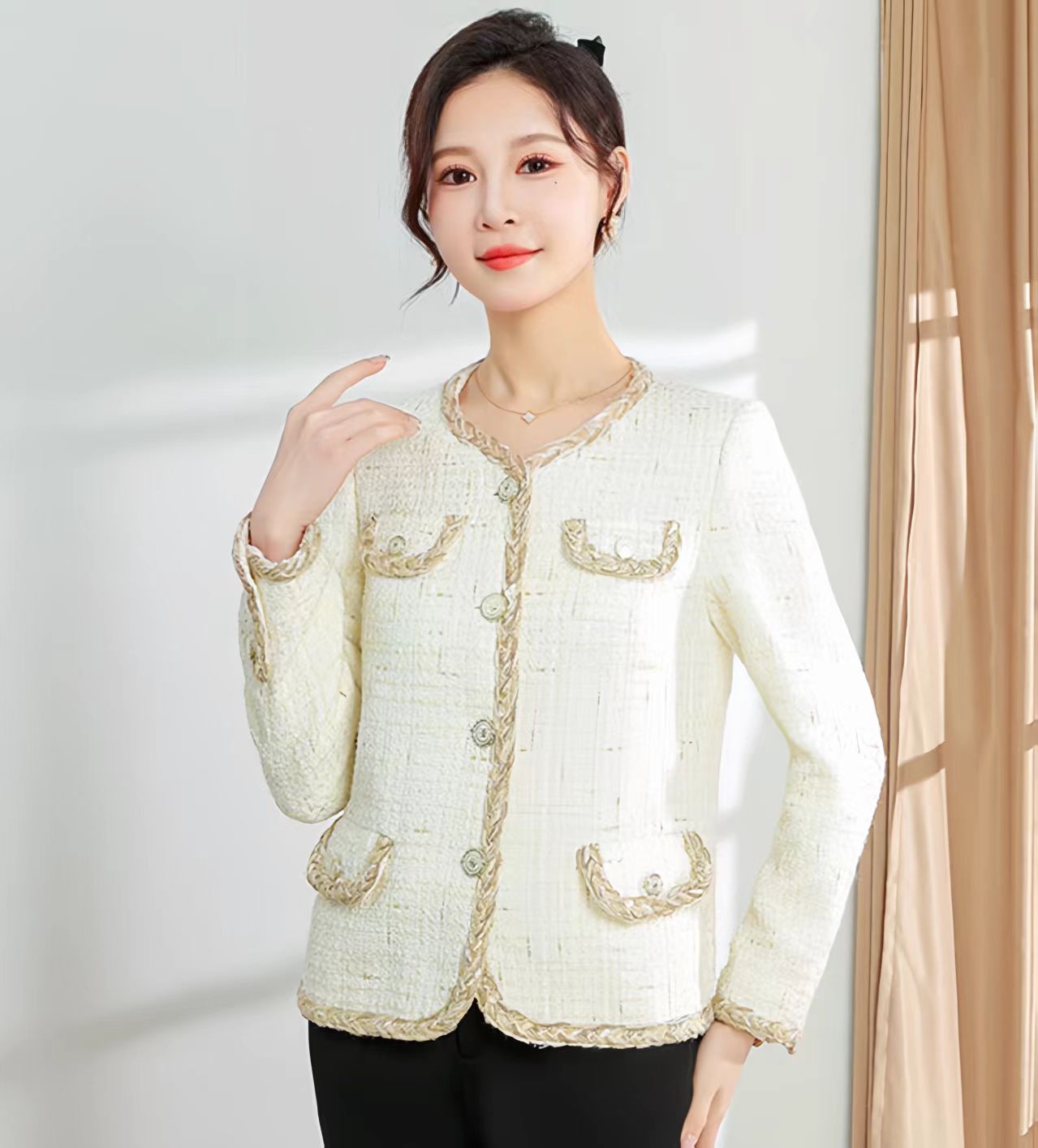 【F5769】经典气质通勤高级感米白短款小香风外套2025秋装