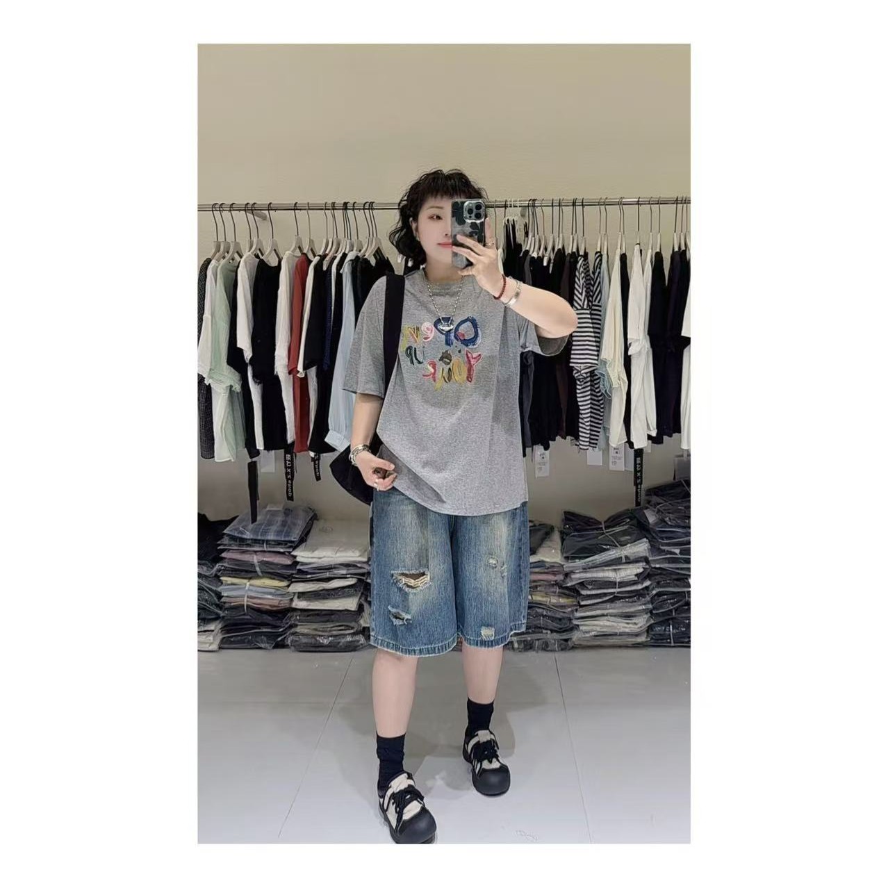 【彩字母】百搭显瘦圆领雪花棉短袖T恤2833