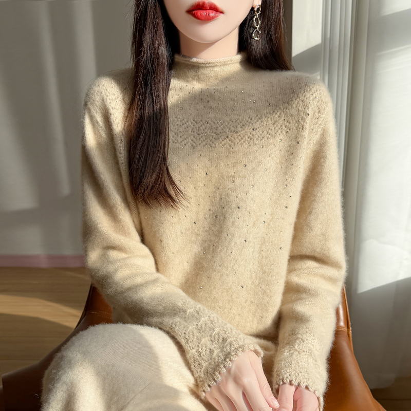 重工镶钻100%纯羊毛衫女卷边半高领镂空钩花加厚毛衣DMR2582