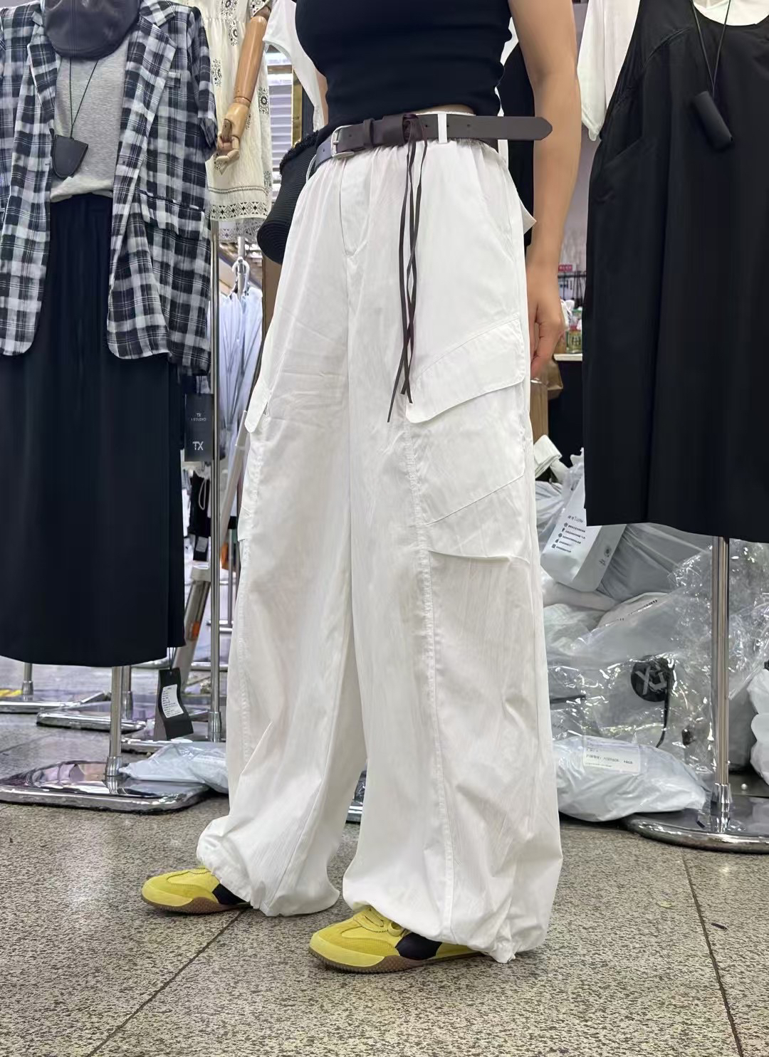 夏季洗水棉新款百搭松紧腰抽绳阔腿显瘦束脚休闲工装裤781136