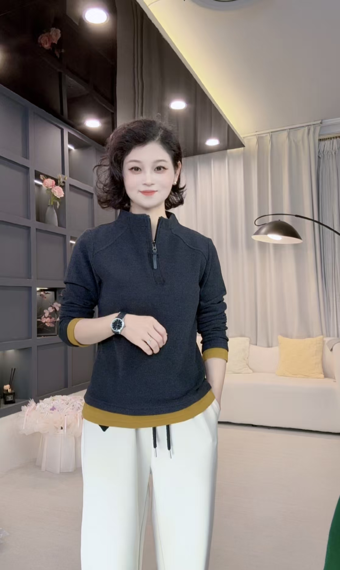 2025年显瘦休闲百搭修身舒适拼接上衣双面绒长袖打底5639