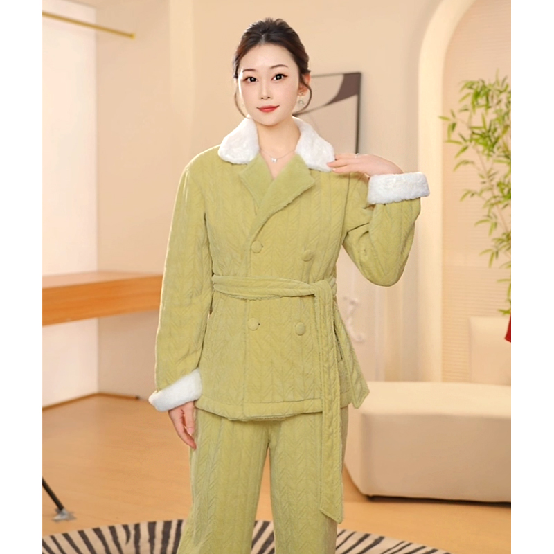 2025新秋冬时尚双排扣睡衣女加绒翻领肤保暖家居服套装E851014