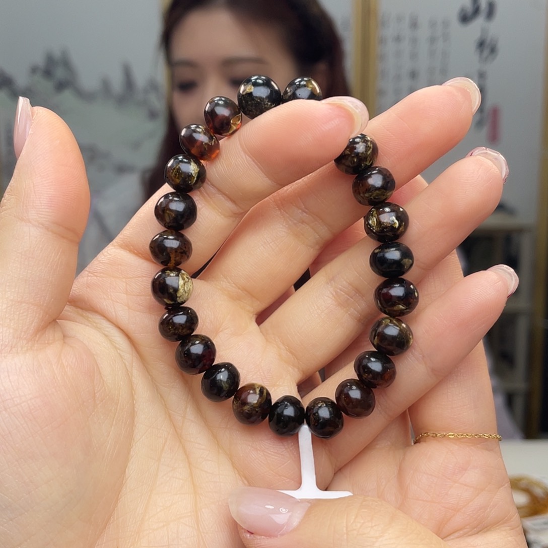 琥珀裸石未镶嵌9+黑花手串